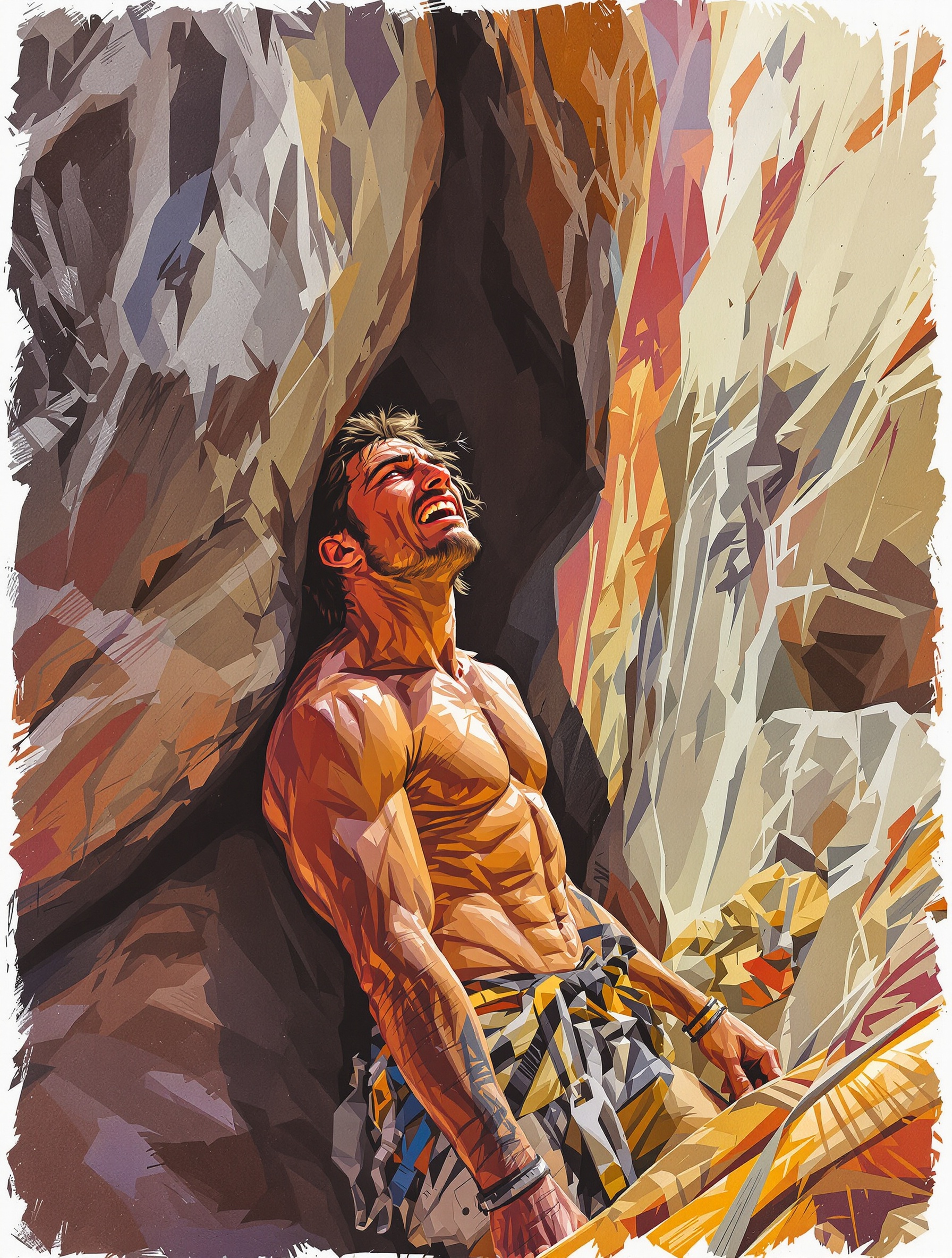 Illustration artistique symbolisant la lutte et la détermination d'Aron Ralston lors de son auto-amputation.