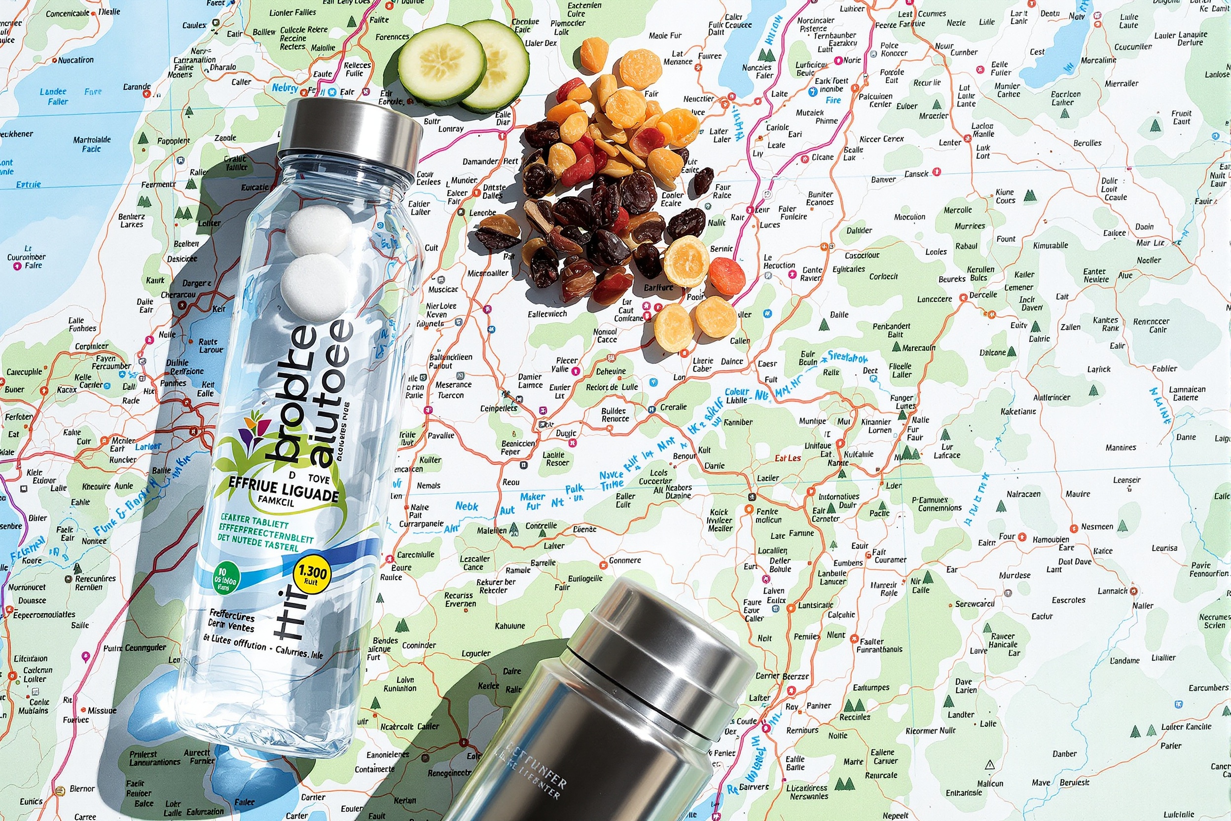 Assortiment d'aliments et de boissons idéals pour une randonnée par forte chaleur, sur une carte de randonnée. Gourde avec pastille effervescente, fruits secs, concombre, thermos.