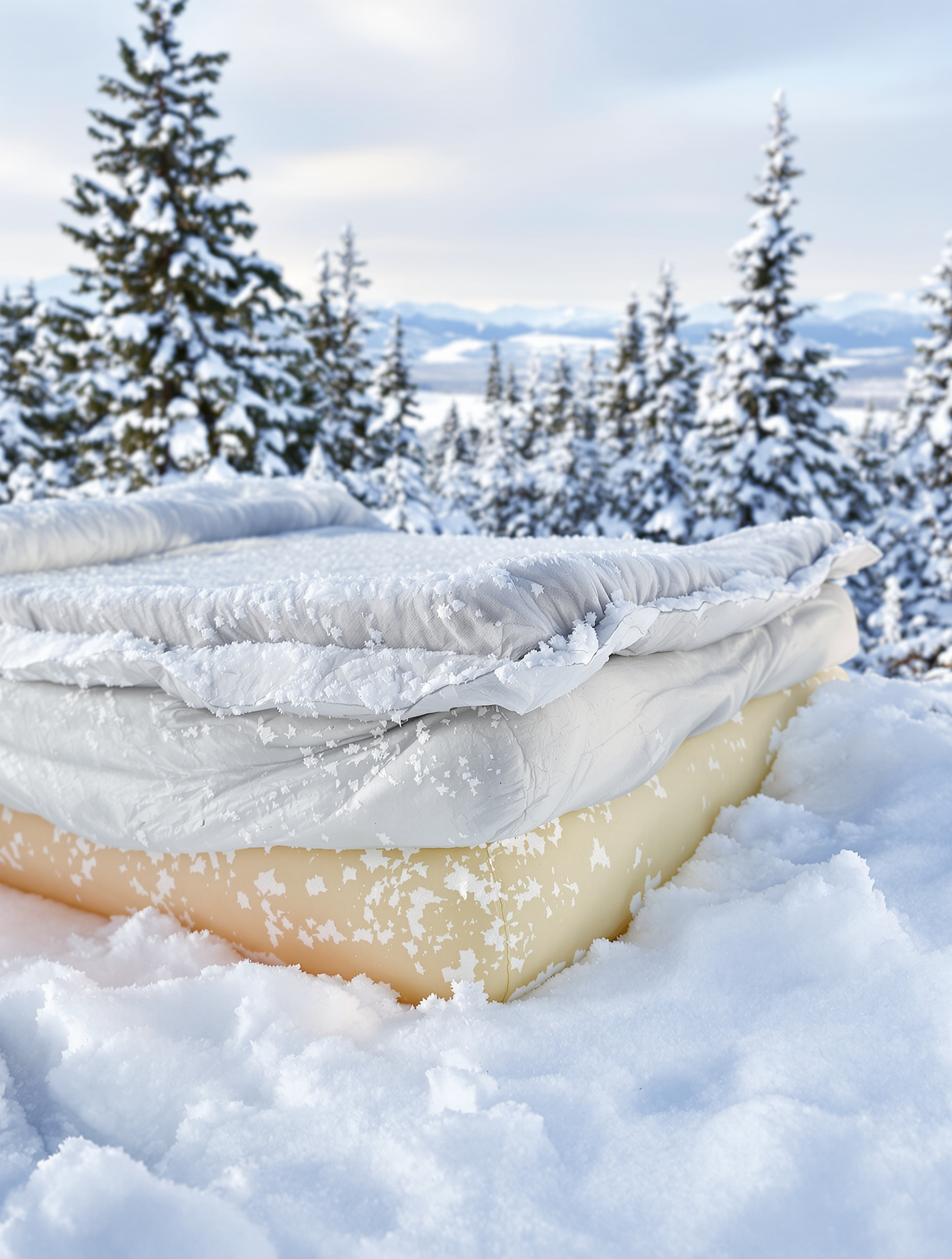 Technique double matelas bivouac hivernal : mousse sur neige + gonflable par-dessus.