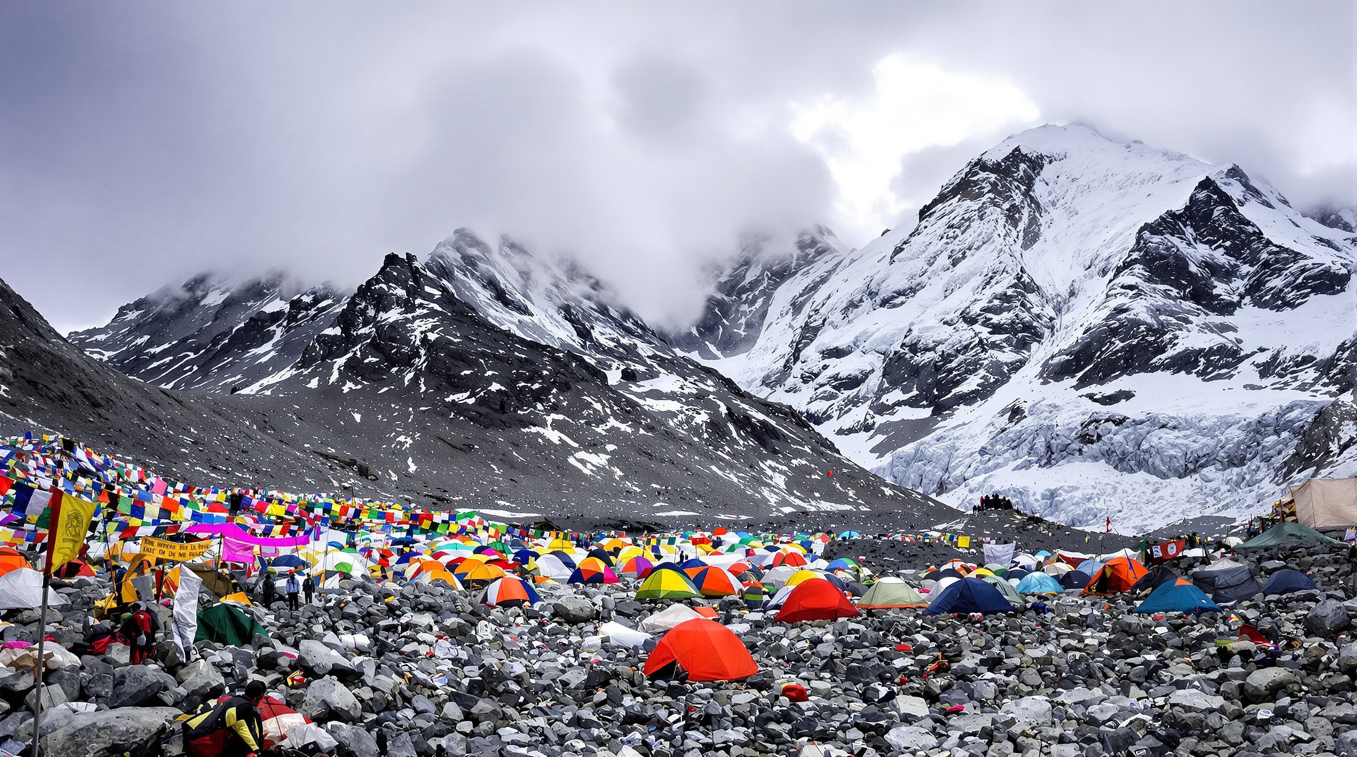 Camp base Everest tentes drapeaux post-expédition
