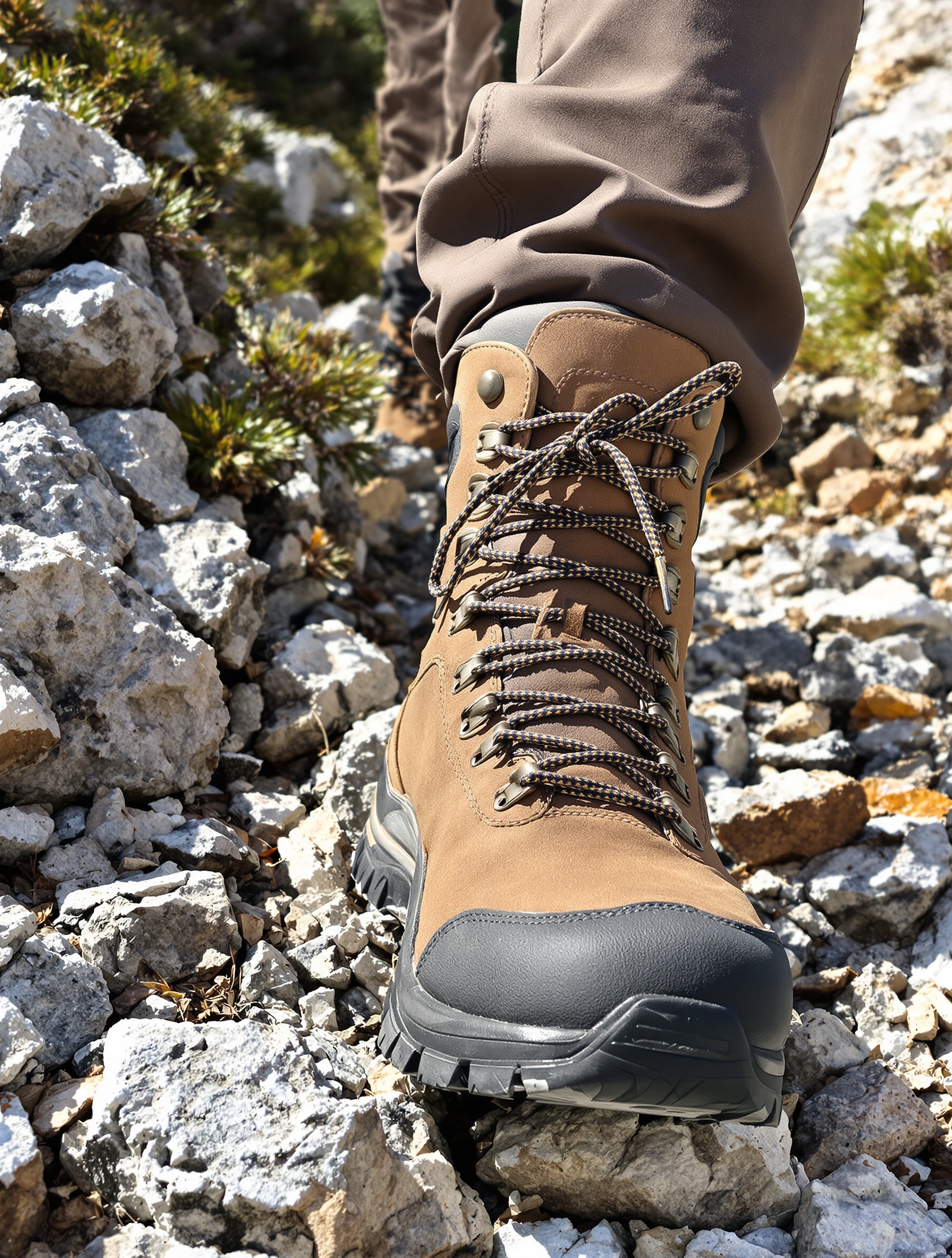 Une chaussure robuste haute tige bien lacée évoluant sur sentier rocheux en montagne.