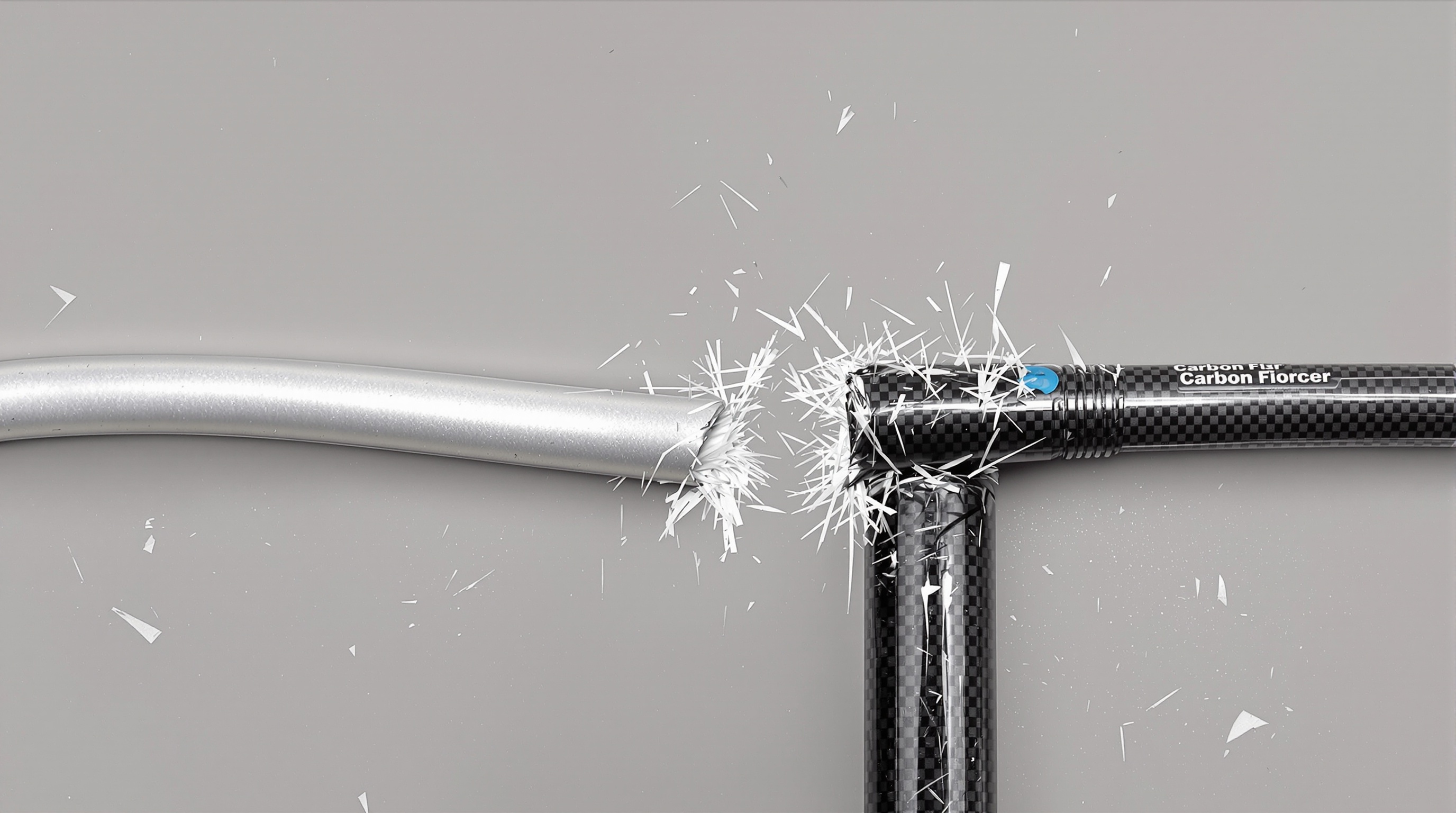 Comparaison visuelle entre un bâton aluminium légèrement tordu et un autre en carbone cassé net.
