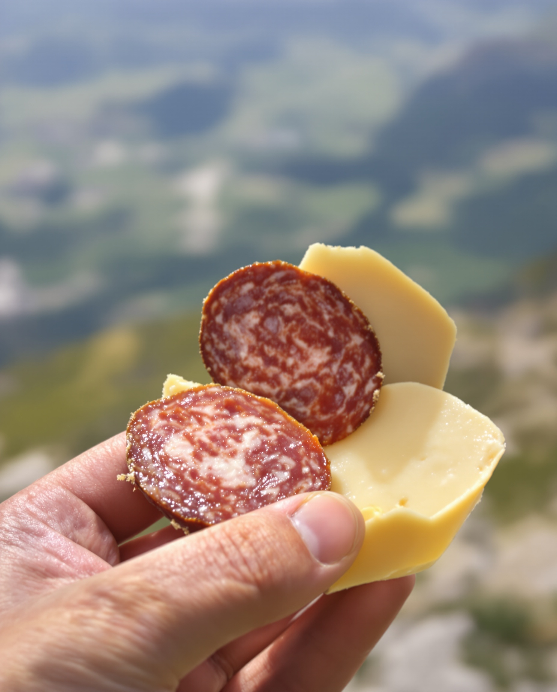 Main de randonneur tenant une tranche de saucisson et un morceau de fromage à pâte dure avec paysage de montagne flou en arrière-plan.
