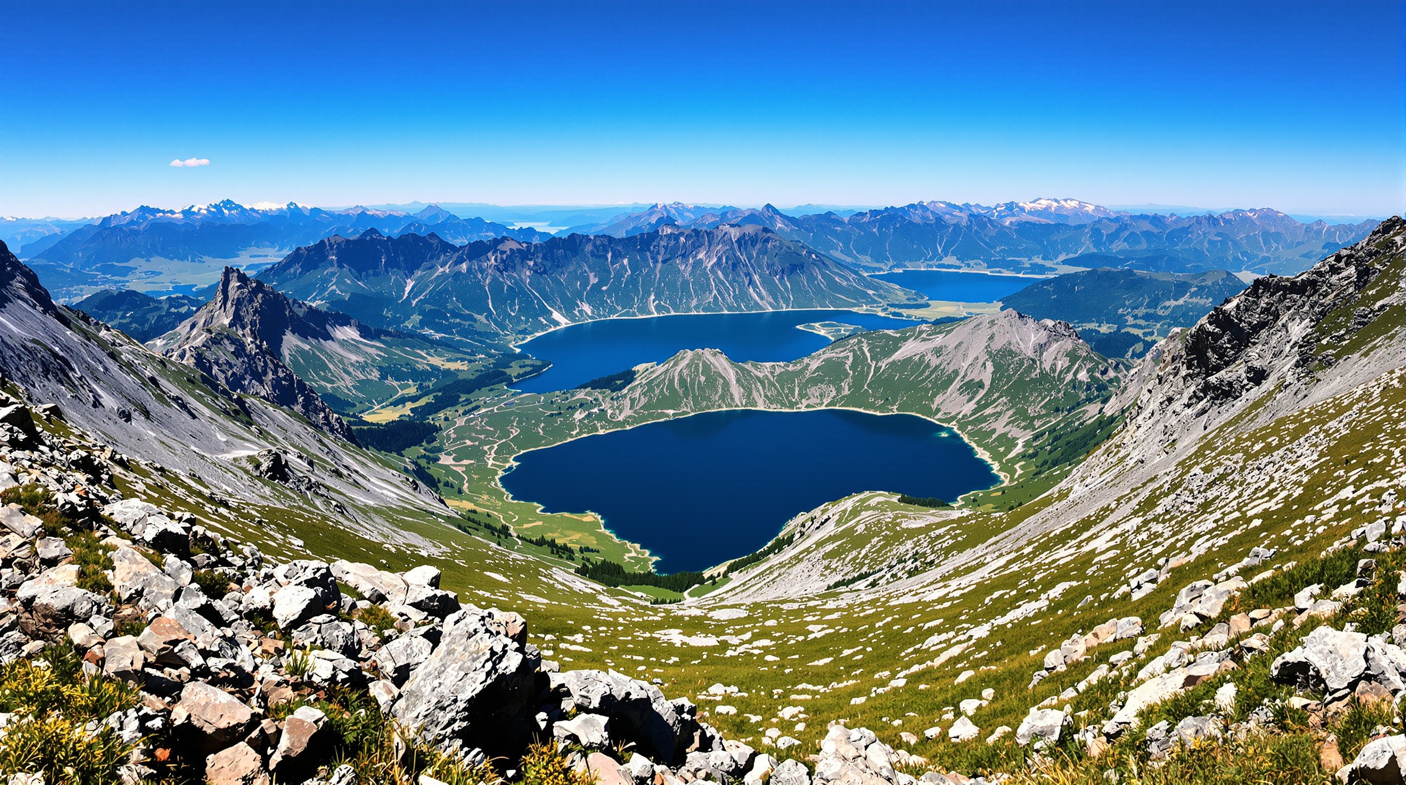 La récompense ultime : le Lac d'Allos vu du sommet du Mont Pelat. Une perspective unique qui montre le lac dans son environnement alpin grandiose.