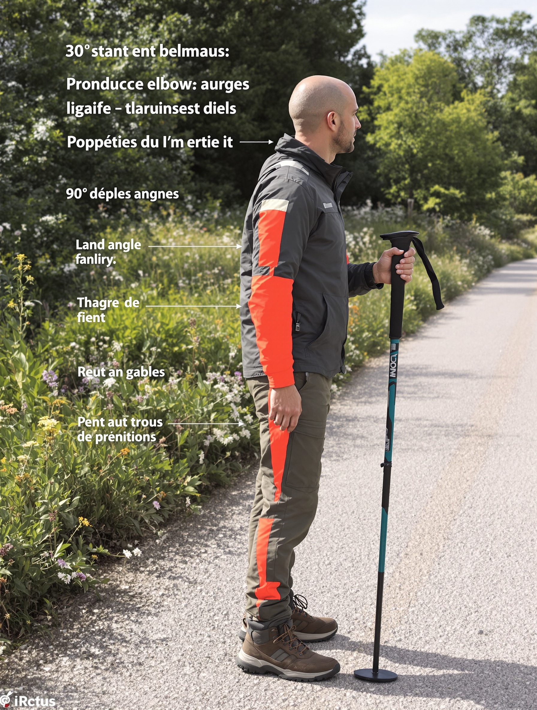 Un randonneur de profil sur un sentier plat, montrant clairement l'angle de 90° formé par son coude lorsqu'il tient son bâton de randonnée verticalement.
