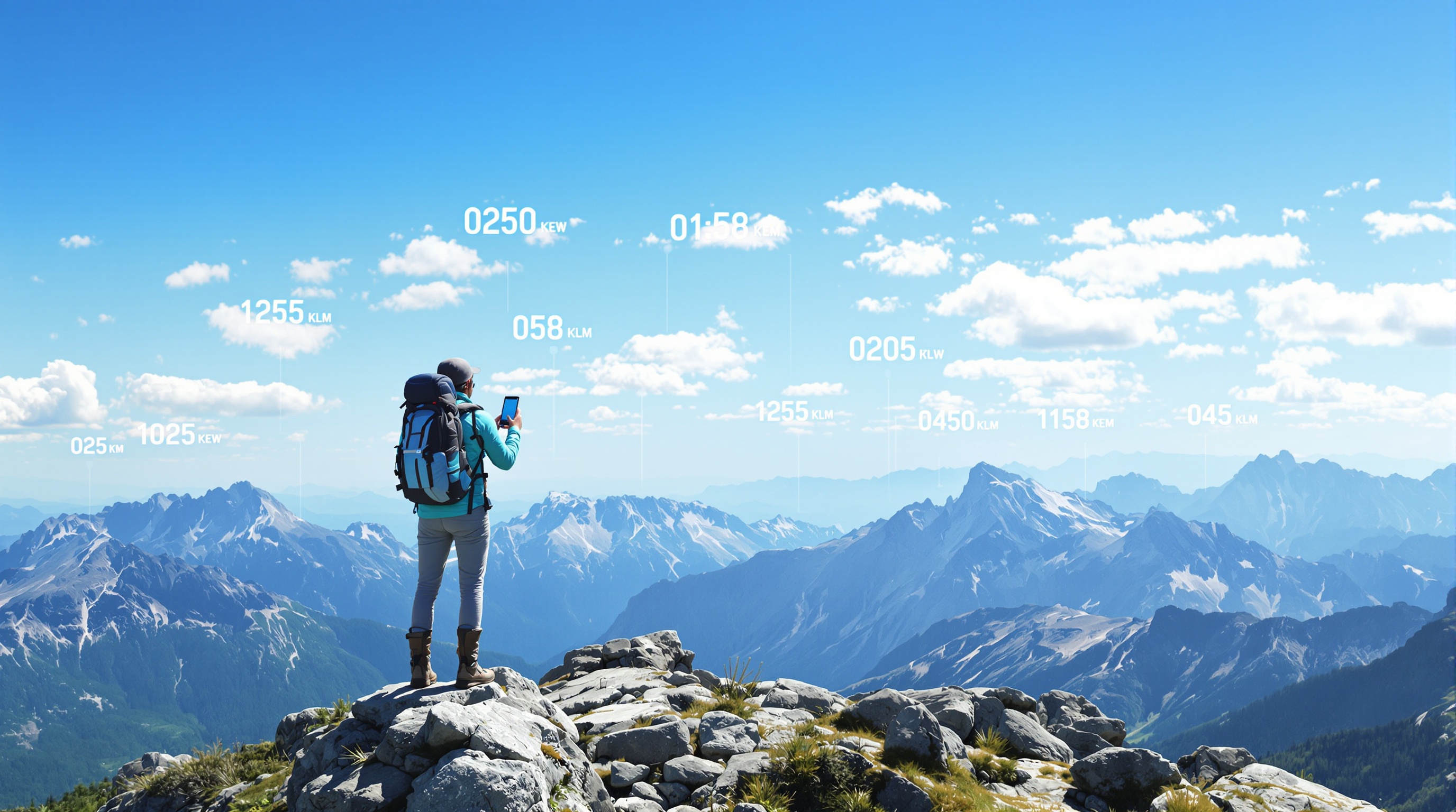 Randonneur utilisant son smartphone avec réalité augmentée au sommet
