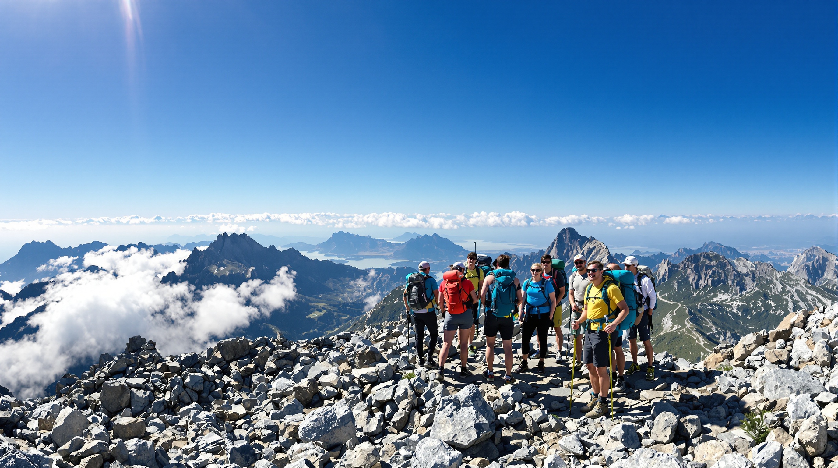 groupe de randonneurs au sommet du Monte Cinto panorama sur la Corse