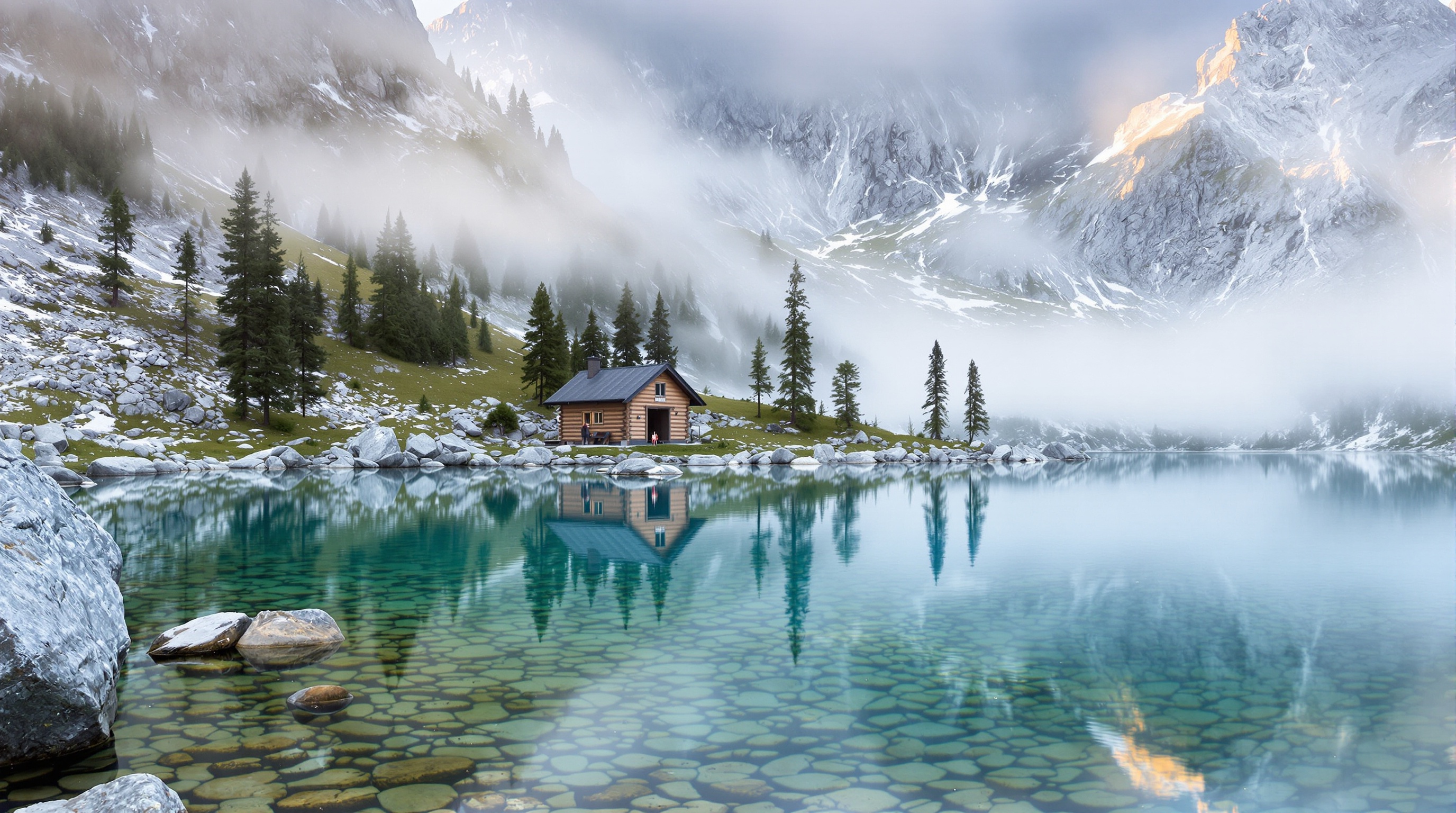 Refuge des Sept Laux au lever du jour avec brume sur le lac alpin
