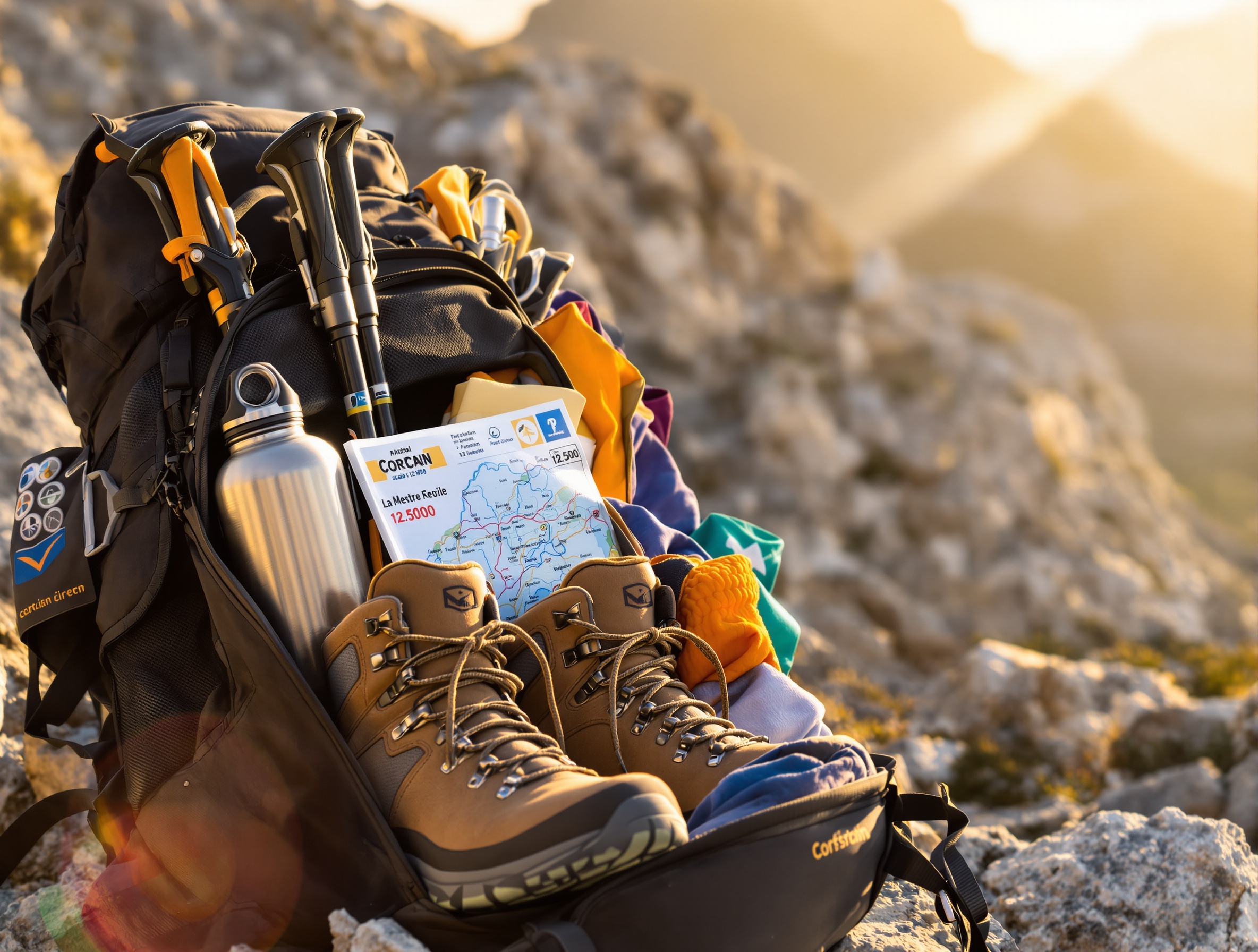 Un sac à dos de randonnée ouvert avec l'équipement essentiel (chaussures, bâtons, carte, gourde, veste) préparé pour une ascension en montagne.