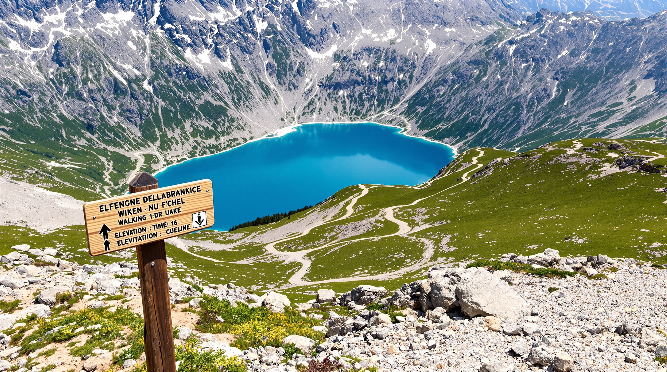 Sentier en lacet montant vers un lac de montagne avec panneau indiquant le temps et le dénivelé