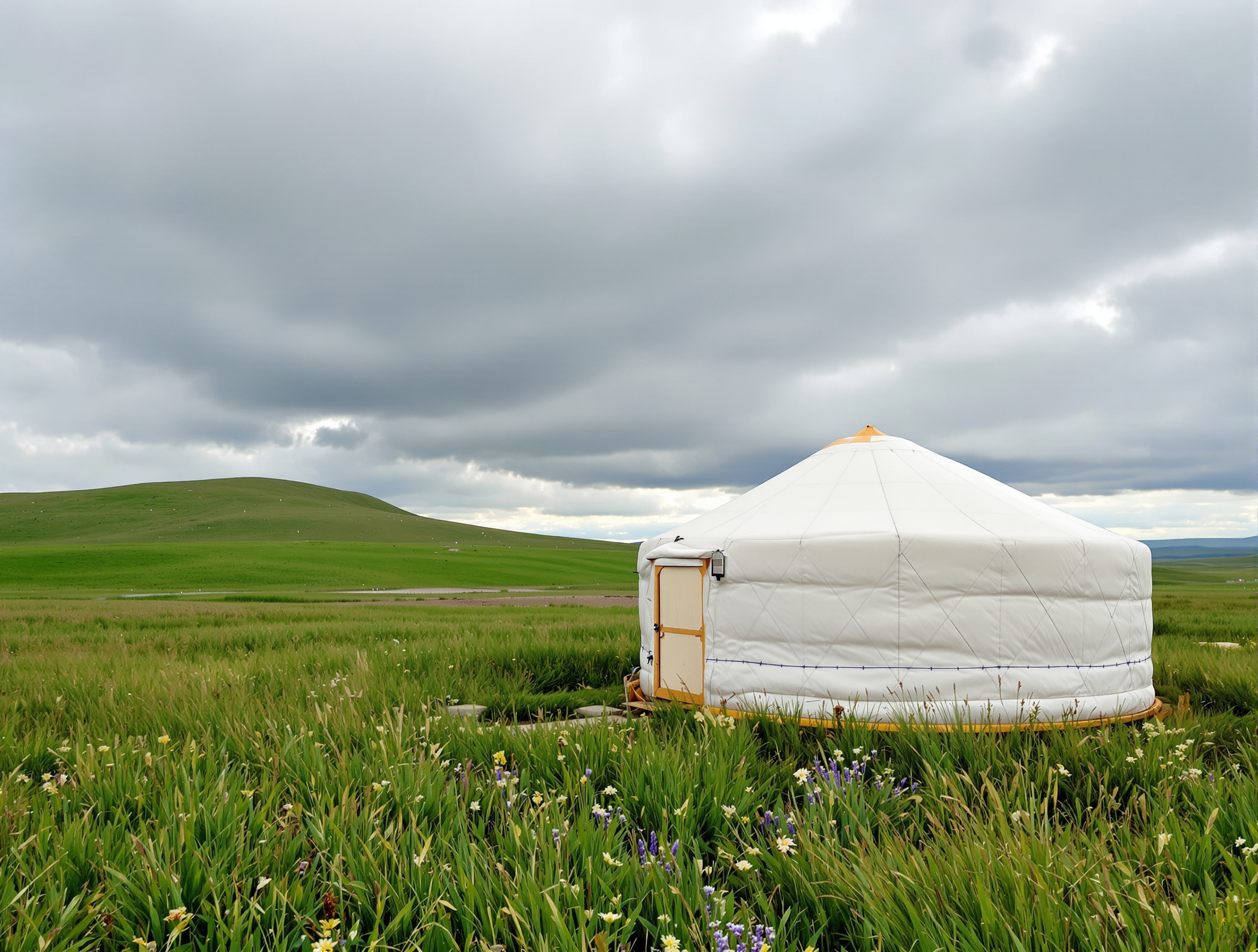 Une yourte mongole traditionnelle installée dans la steppe verdoyante de la vallée de l'Orkhon. À l'arrière-plan, des collines douces et un ciel nuageux, illustrant le cadre de vie nomade et un aspect central du voyage et du budget.